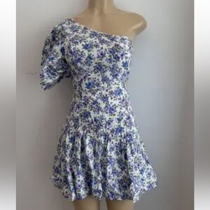 One shoulder puff sleeve cut out floral dress